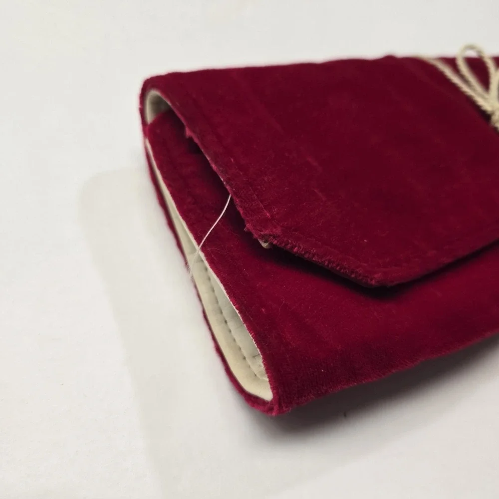 Vintage 80s Rolfs Red Velvet Leather? Womens Travel Jewelry Case Roll Up Folding